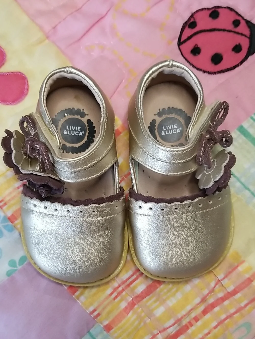 Livie & Luca Metallic Gold Mary Janes with Brown Flower Accents Size 4 Merry Bel